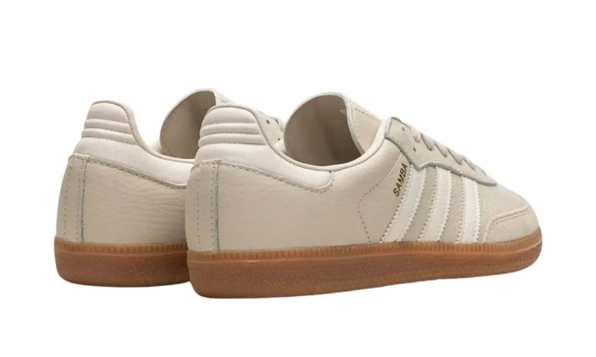 Adidas Samba OG cream beige unisex sneakers with off-white stripes and gum sole, rear angled pair view