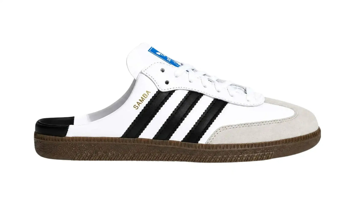 Adidas Samba OG Mule Cloud White outer side view with black stripes, gold Samba lettering and open heel