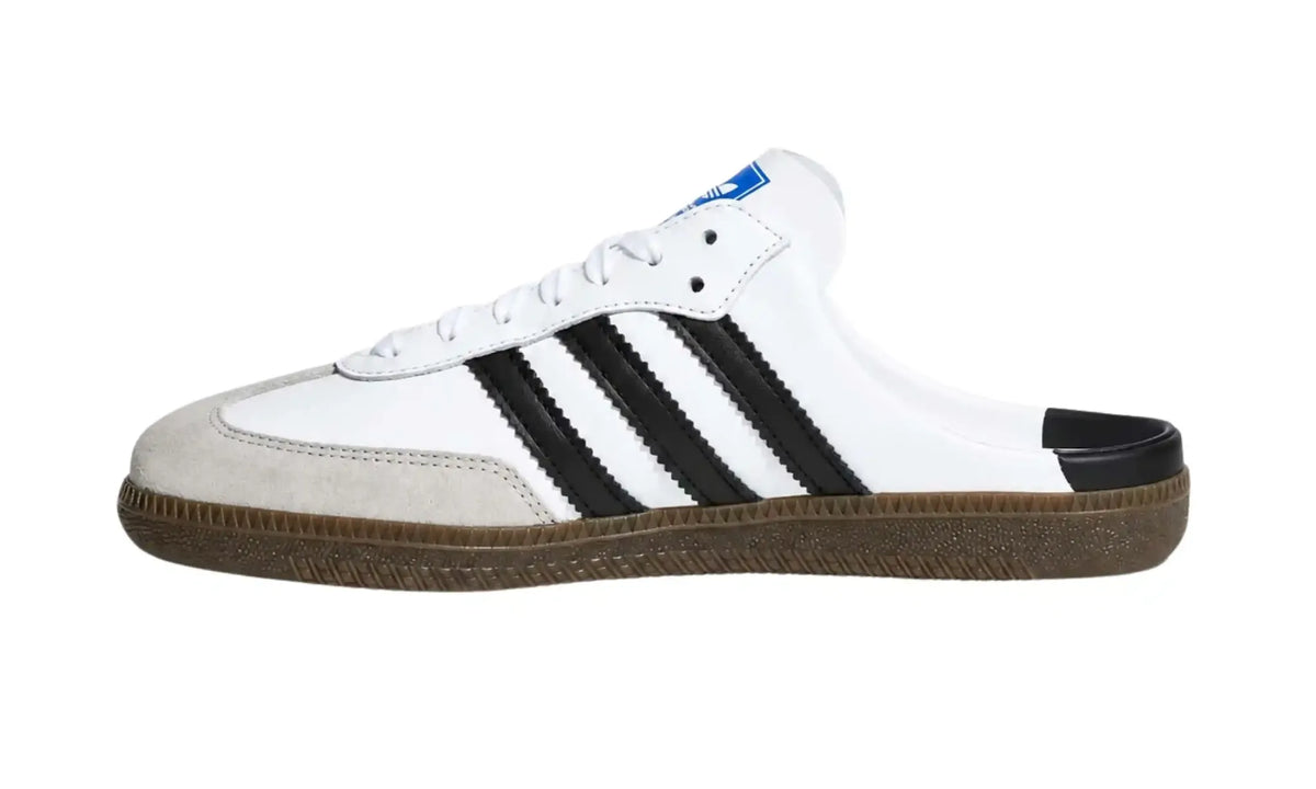 Adidas Samba OG Mule Cloud White inner side view with black stripes, grey T-toe overlay and gum-coloured sole