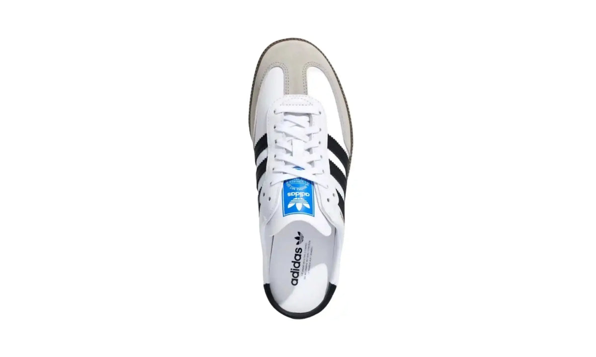 Adidas Samba OG Mule Cloud White top view showing white laces, blue tongue label and open-back footbed