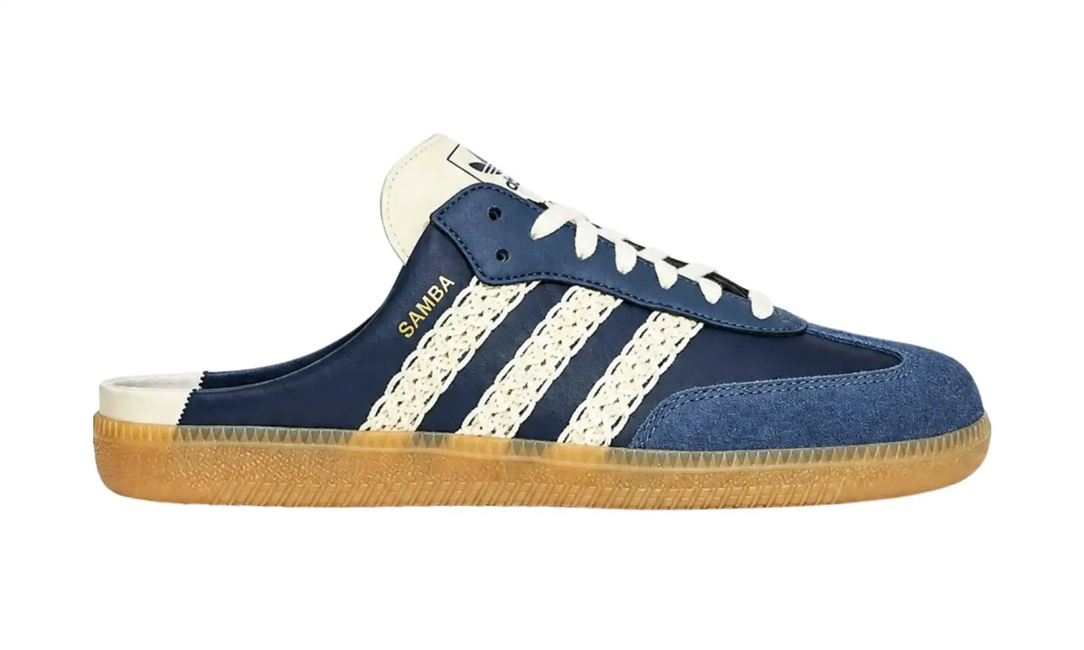 Adidas Samba OG Mule Navy Blue unisex shoe, side view showing cream woven-style stripes and gum-coloured sole
