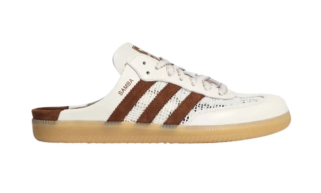 Adidas Samba OG Mule Off White Brown outer side view showing brown stripes and Samba lettering