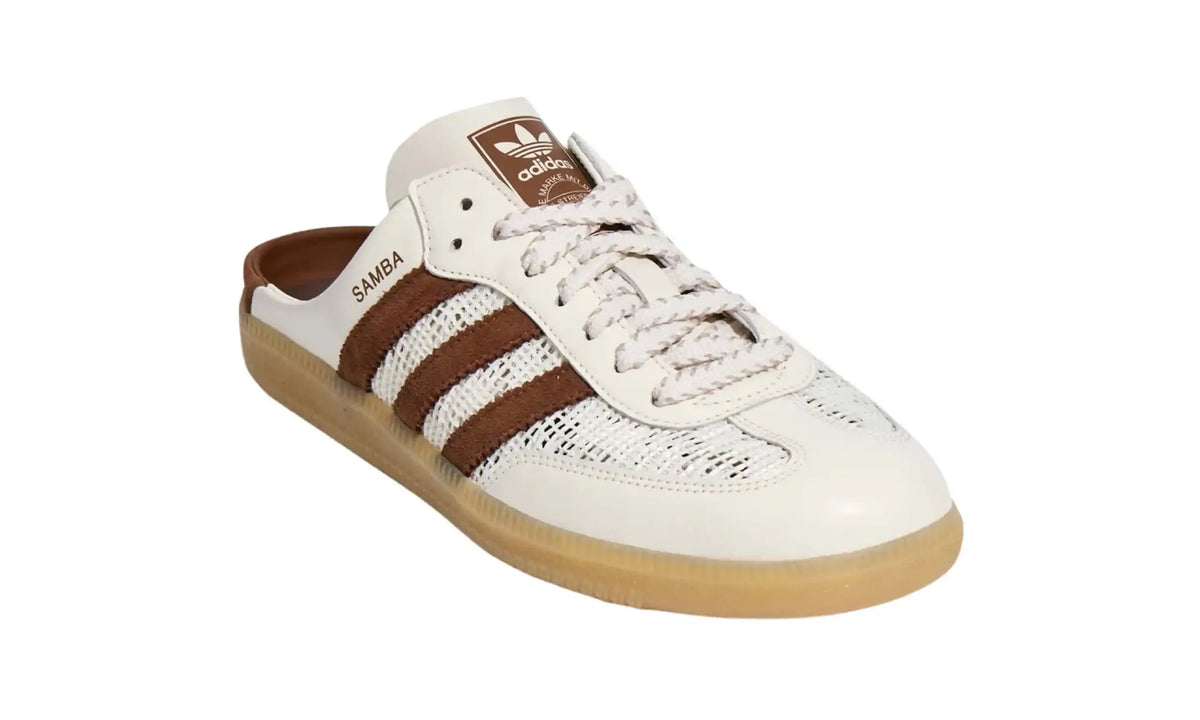 Adidas Samba OG Mule Off White Brown angled view with mesh-style panels, brown stripes, patterned light-coloured laces, open heel and gum-coloured sole