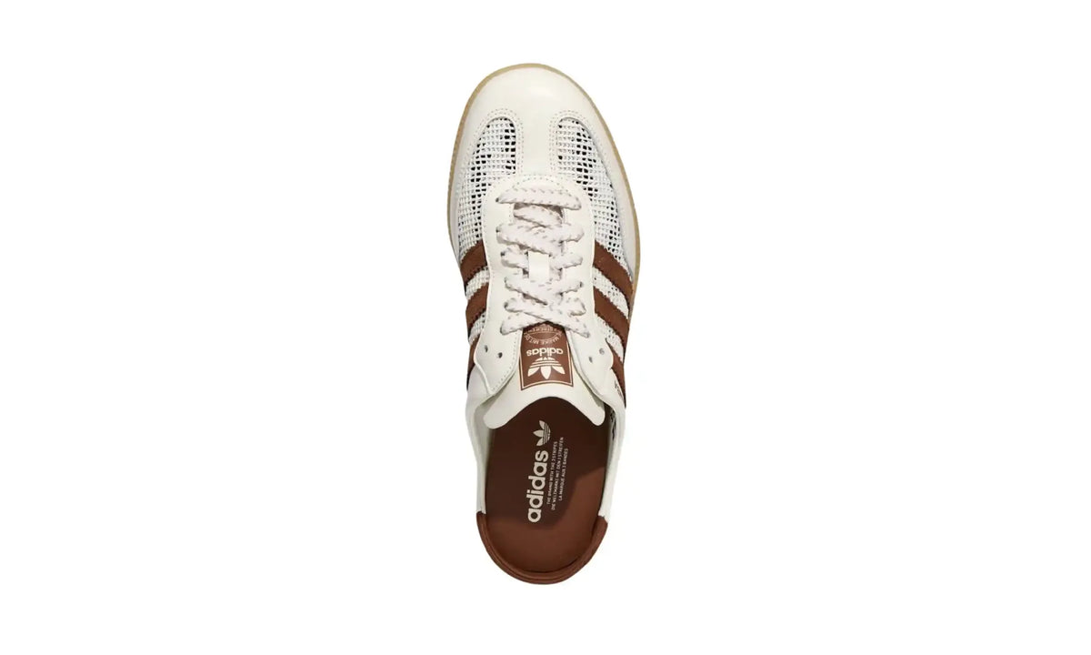 Adidas Samba OG Mule Off White Brown top view showing patterned laces, brown tongue label and open-back footbed