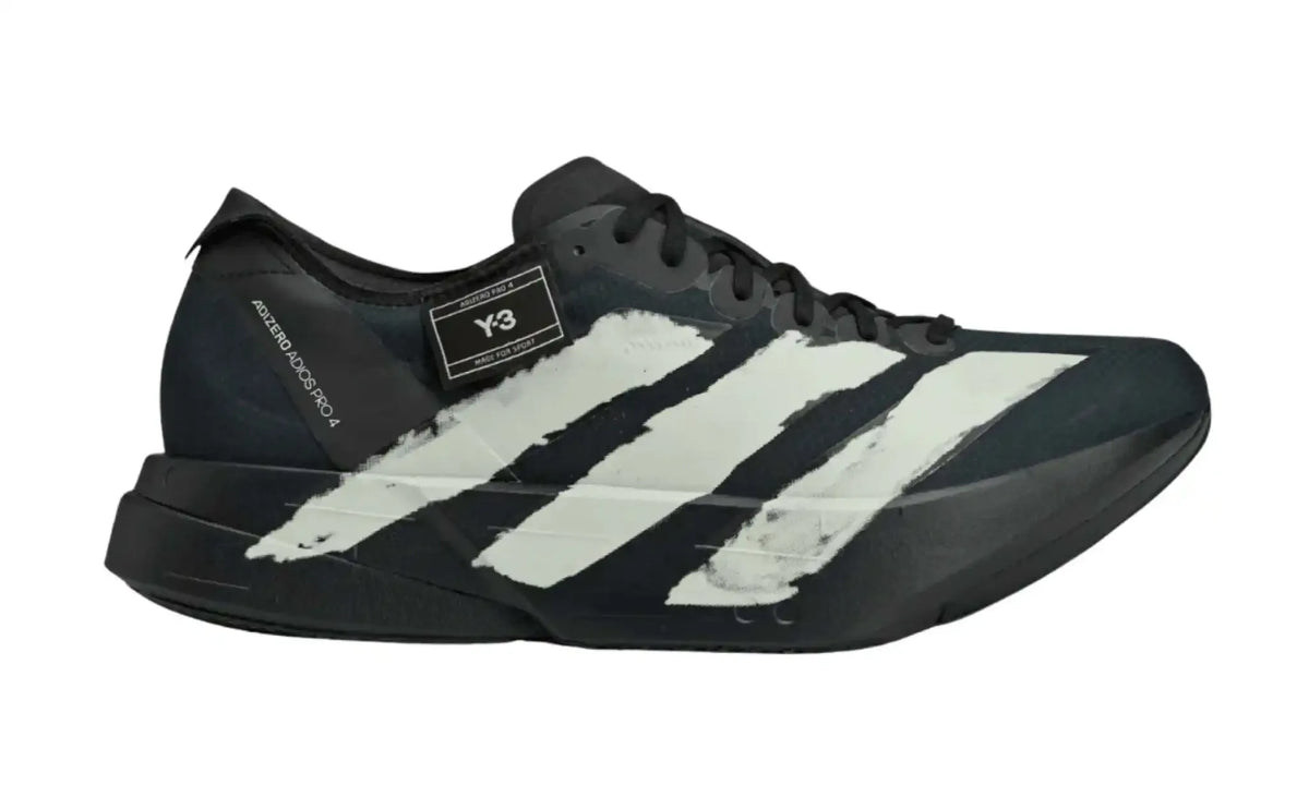 Adidas Y-3 Adizero Adios Pro 4 black off white unisex sneakers, outer side view with off-white brushstroke stripes