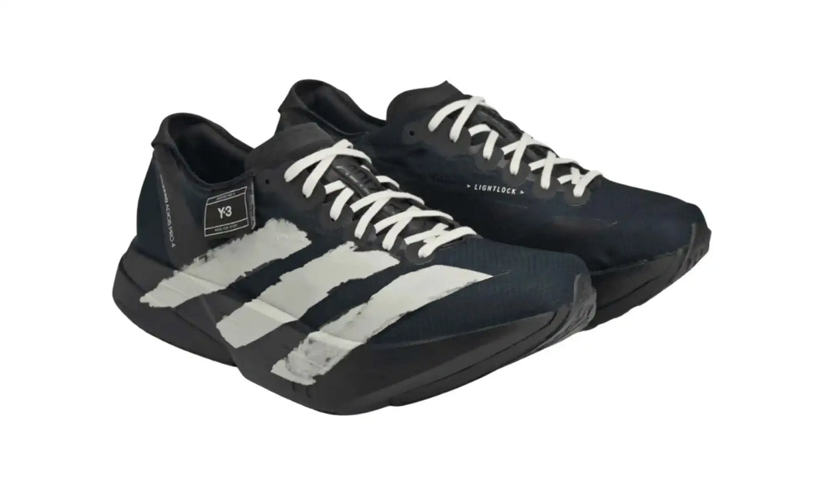 Adidas Y-3 Adizero Adios Pro 4 black off white unisex sneakers, front angled pair view