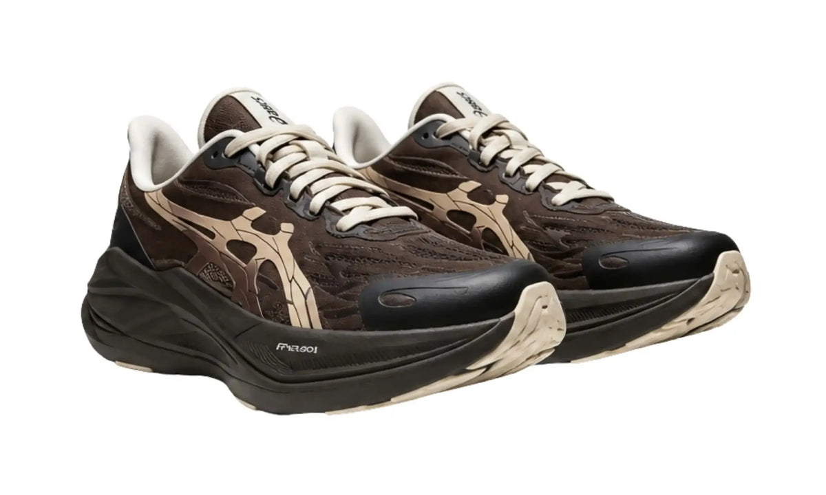 Pair of ASICS Blacktoes SUPERBLAST 3 Dark Brown Black men’s shoes, angled front view