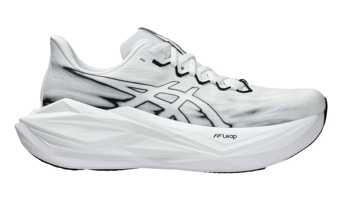 ASICS SUPERBLAST 3 White/Black sneaker, side view showing black detailing and sculpted white sole