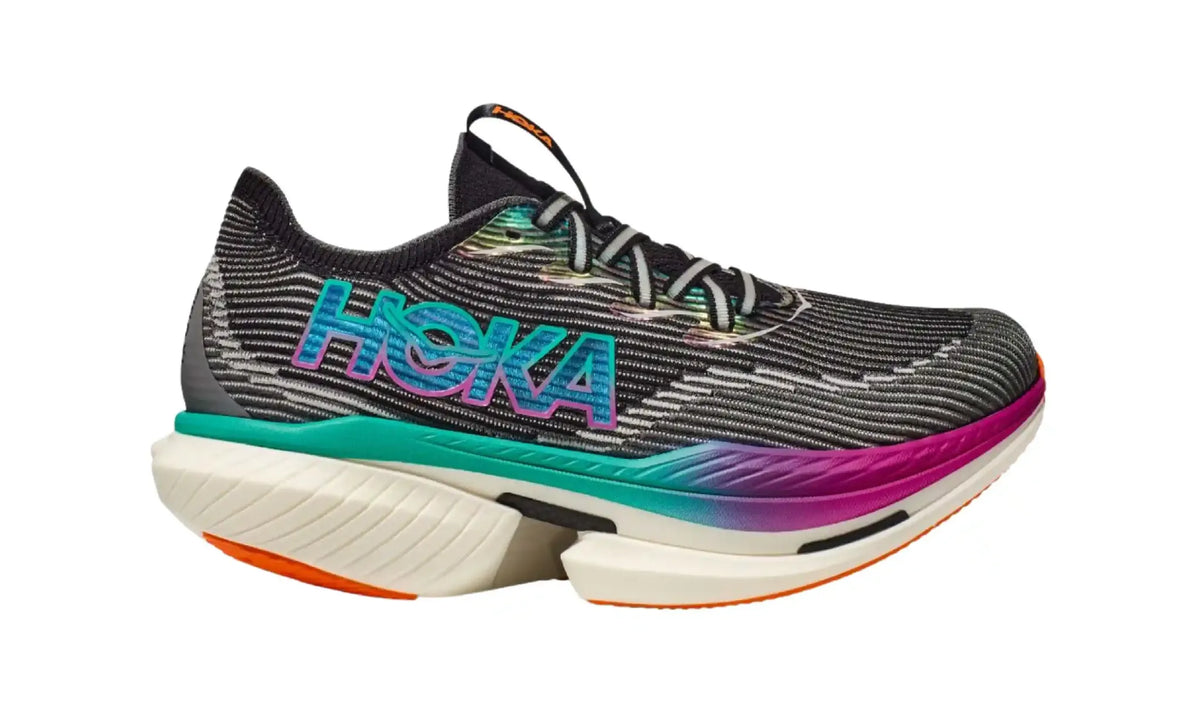 Hoka Cielo X1 men’s black aqua shoe with cream sculpted sole and magenta accents, side view