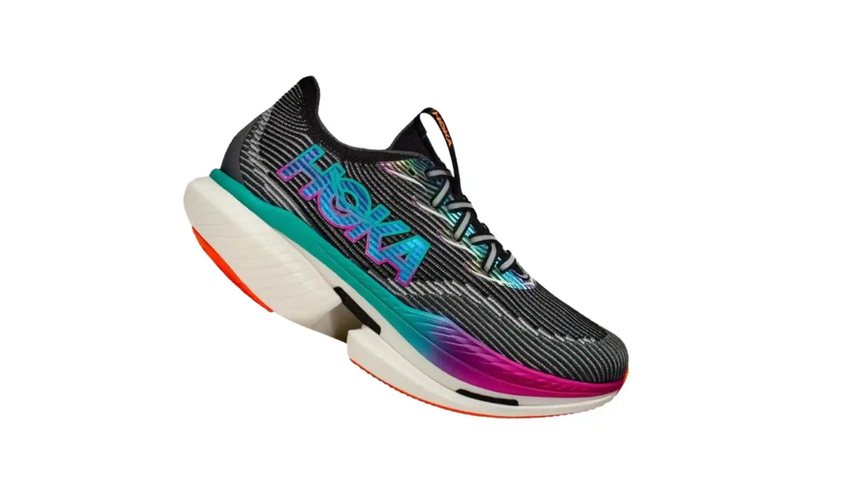 Hoka Cielo X1 Black Electric Aqua men’s shoe angled view showing textured upper, aqua-magenta HOKA logo, cream curved sole and orange accents