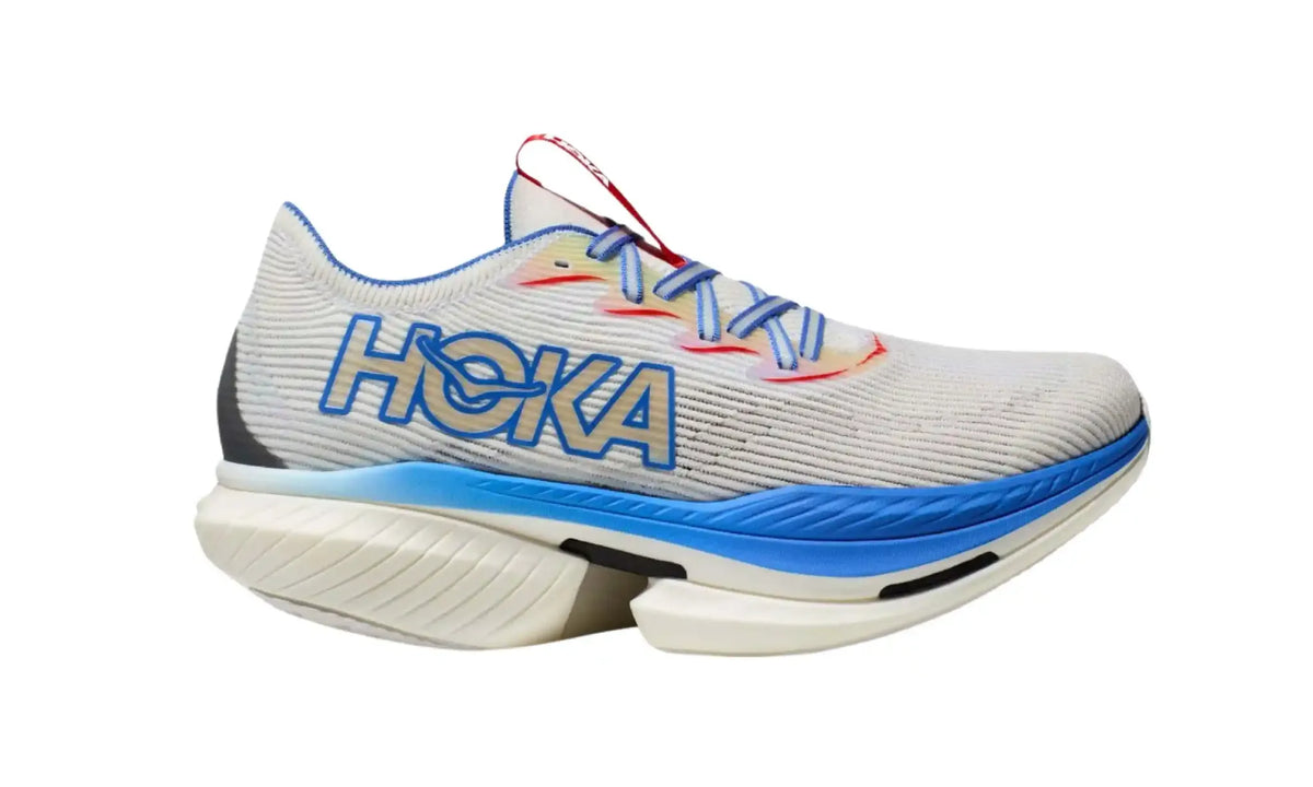 Hoka Cielo X1 men’s white blue shoe with cream sculpted sole and red accents, side view