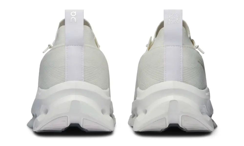 Heel and pull tabs of LOEWE x On Cloudtilt All White sneakers