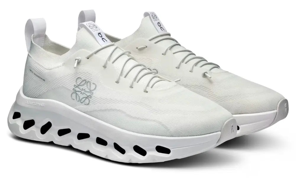 Front three-quarter view of LOEWE x On Cloudtilt All White sneakers