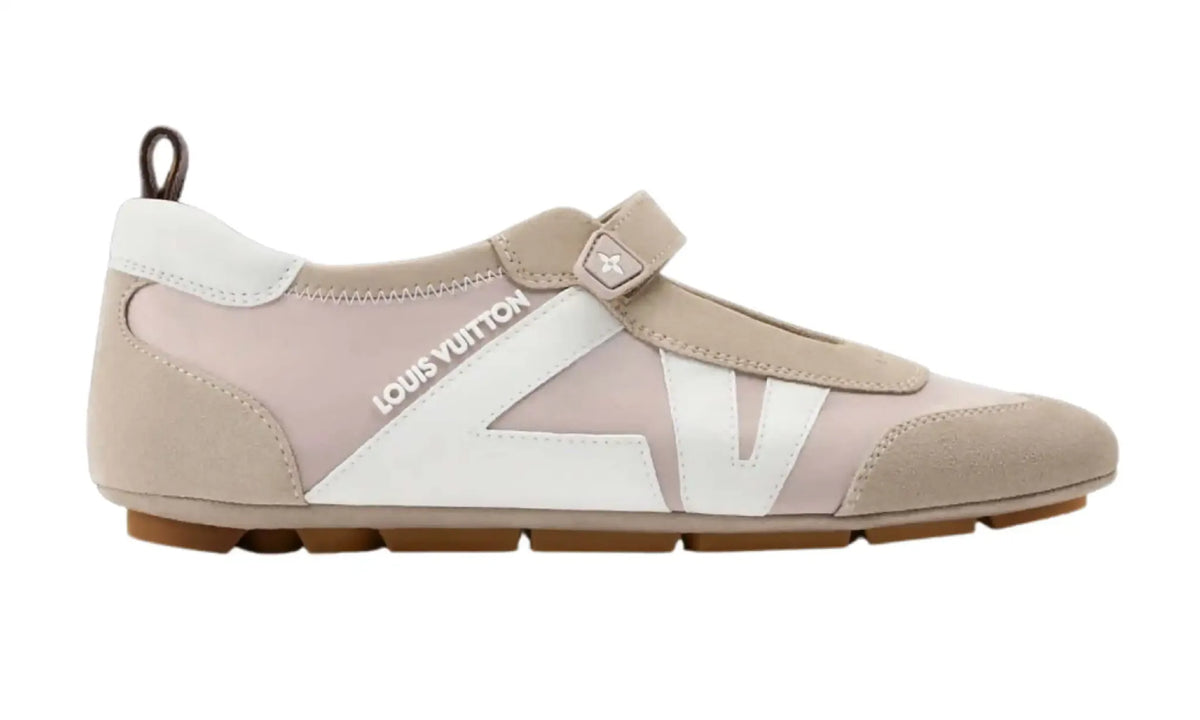 LV Sneakerina Mary Jane women’s shoe in beige and white, side view showing the strap, white LV detailing and gum-coloured sole