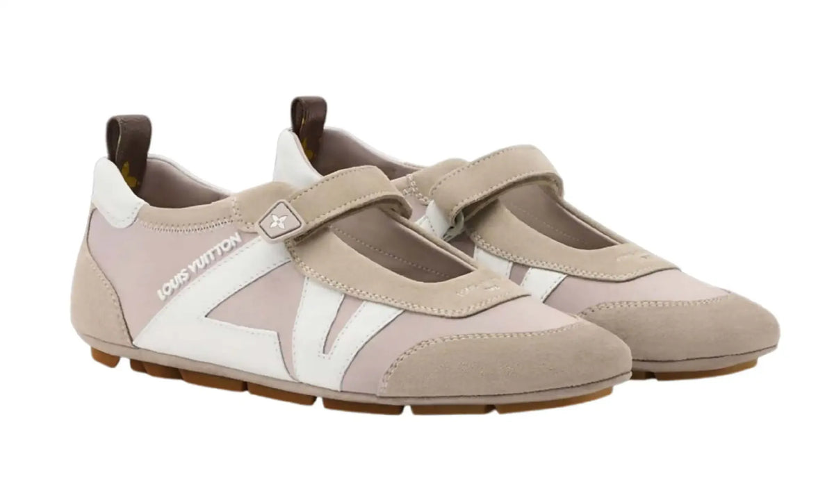 Pair of LV Sneakerina Mary Jane Beige/White women’s sneakers, angled front view