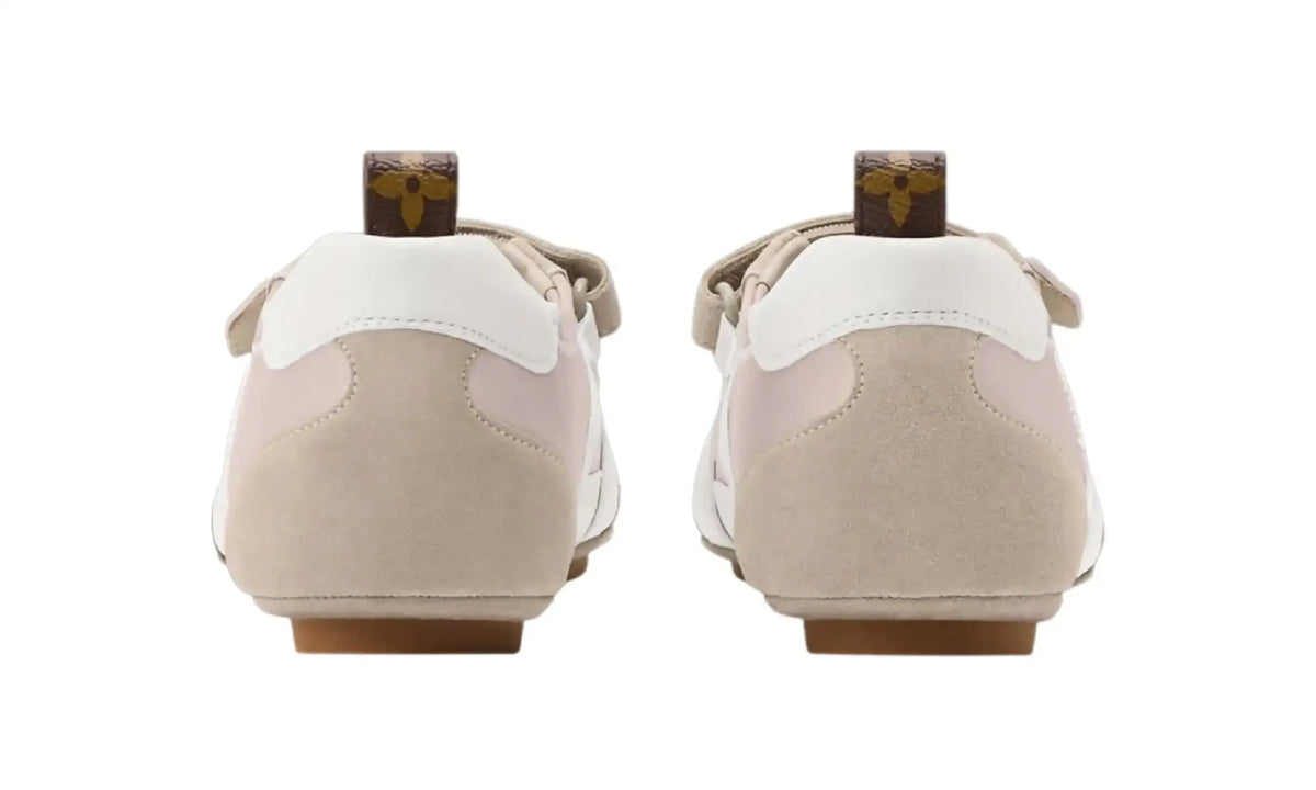 LV Sneakerina Mary Jane Beige/White women’s sneakers, rear view showing white heel panels and pull tabs