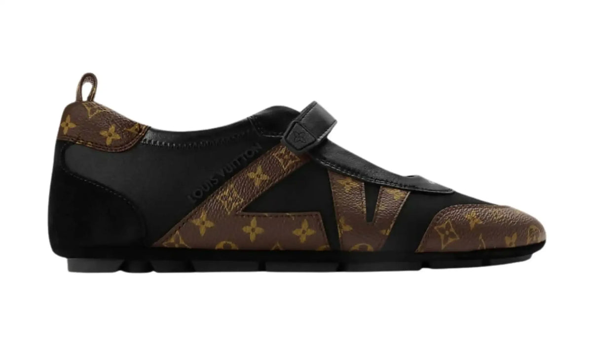 LV Sneakerina Mary Jane women’s shoe in black with brown monogram panels, side view showing the strap and LV detailing