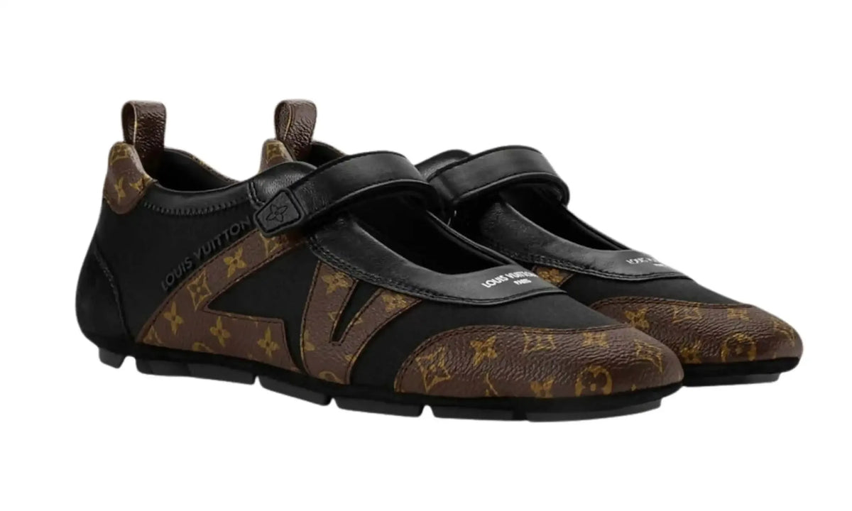 Pair of LV Sneakerina Mary Jane Black/Monogram women’s sneakers, angled front view