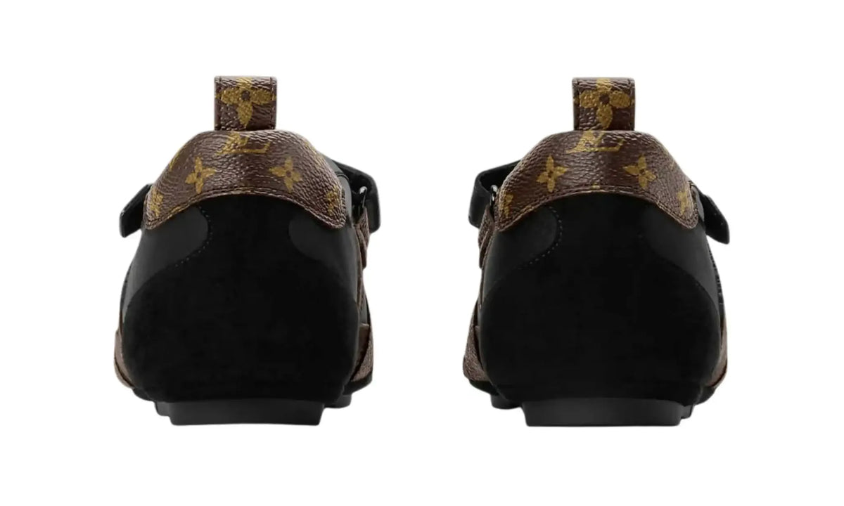 LV Sneakerina Mary Jane Black/Monogram women’s sneakers, rear view showing monogram heel panels