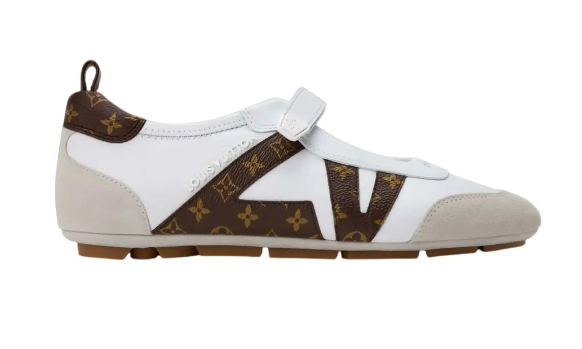 LV Sneakerina Mary Jane women’s sneaker in white with brown Monogram panels, beige overlays, an instep strap and a gum-coloured sole