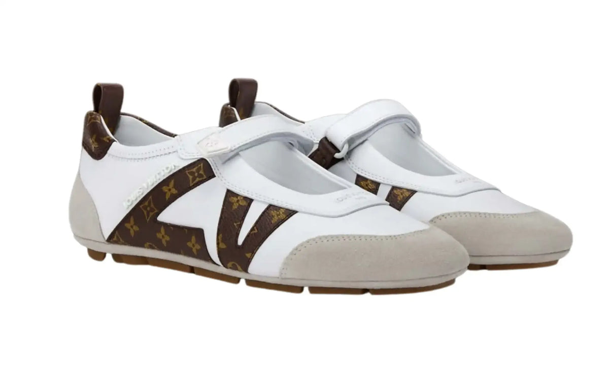 Pair of LV Sneakerina Mary Jane White Monogram women’s sneakers, angled front view