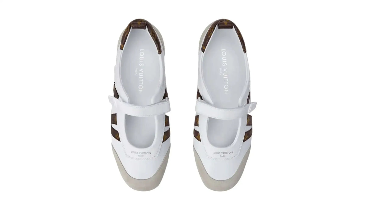 LV Sneakerina Mary Jane White Monogram women’s sneakers, top view showing instep straps and rounded toes