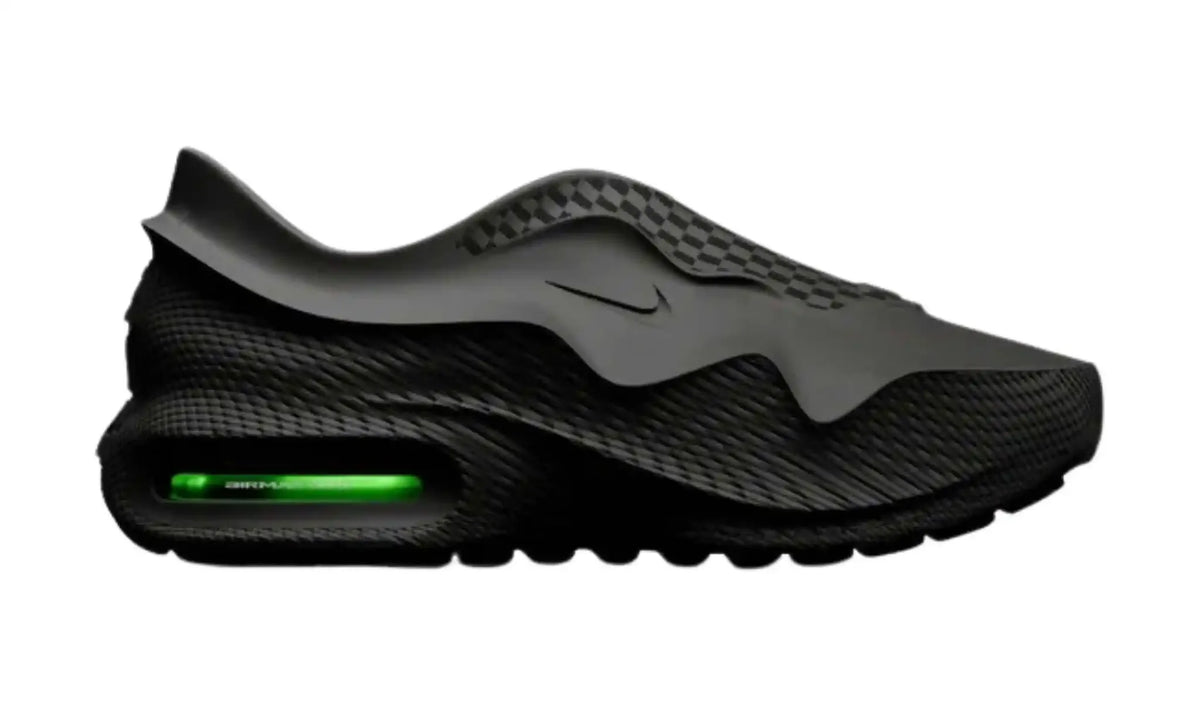 Nike Air Max 1000 Black men’s slip-on sneakers, side view showing textured panels, tonal Swoosh and neon-green heel window