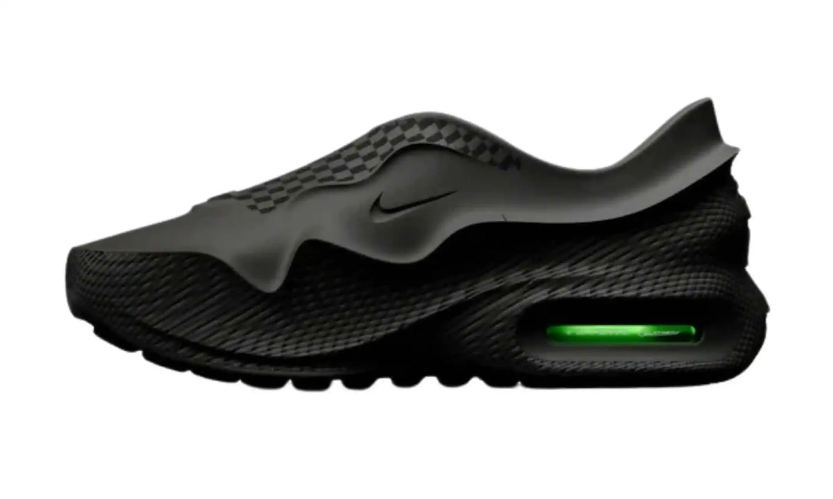 Nike Air Max 1000 Black men’s slip-on sneakers, opposite side view showing sculpted contours, textured panels and green heel window