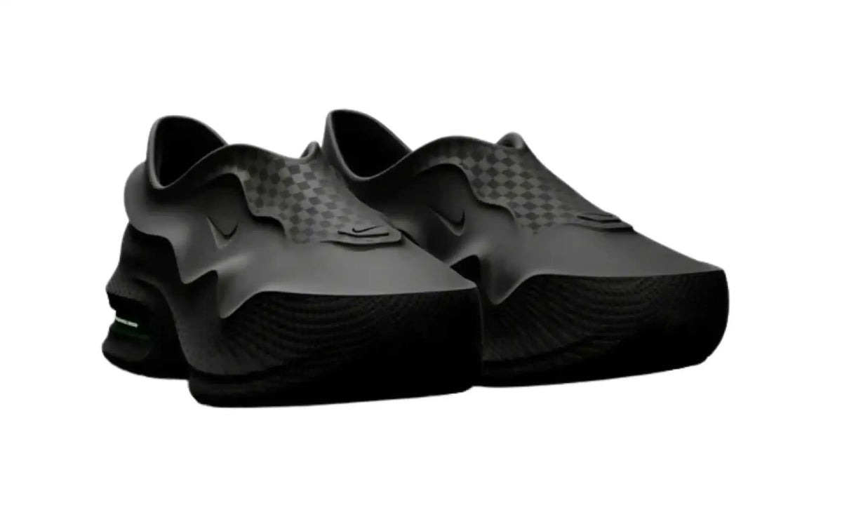 Nike Air Max 1000 Black men’s slip-on sneakers, angled pair view showing lace-free uppers, tonal Swooshes and sculpted black soles