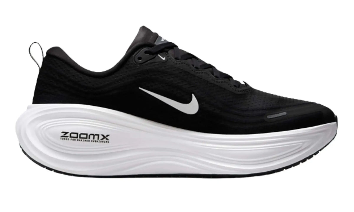 Nike Vomero Plus Black White running shoes pair three quarter view