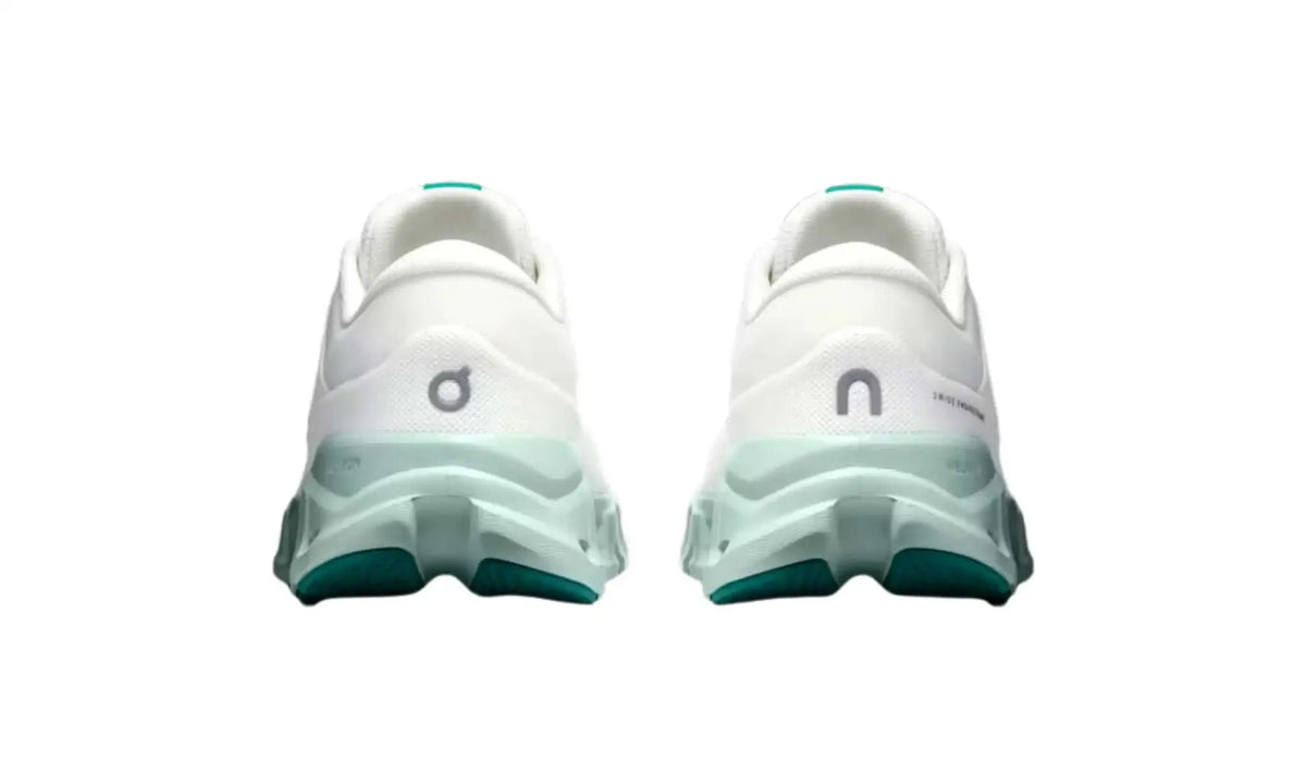 On Cloud X 5 Ivory Surf unisex shoes, rear view showing grey heel logos and pale mint soles