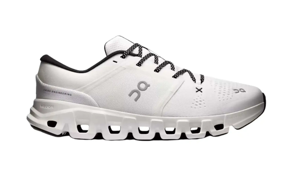 On Cloud X 5 White Black unisex shoes, outer side view showing white mesh-style panels, grey logos, patterned black laces, black collar lining and white sole openings