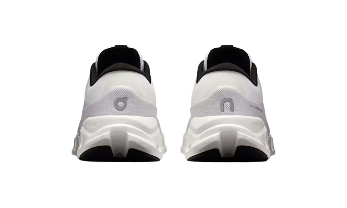 On Cloud X 5 White Black unisex shoes, rear view showing grey heel logos, black collar lining and white soles