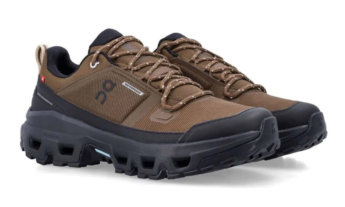 On Cloudrock Low Waterproof Green Black angled pair view