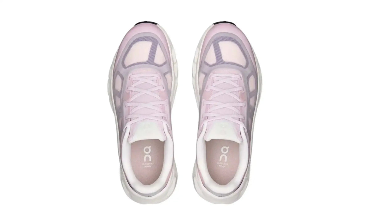 On Cloudtilt Remix women’s sneakers in pink, lilac and ivory, top view showing light-coloured laces, rounded toes and footbeds