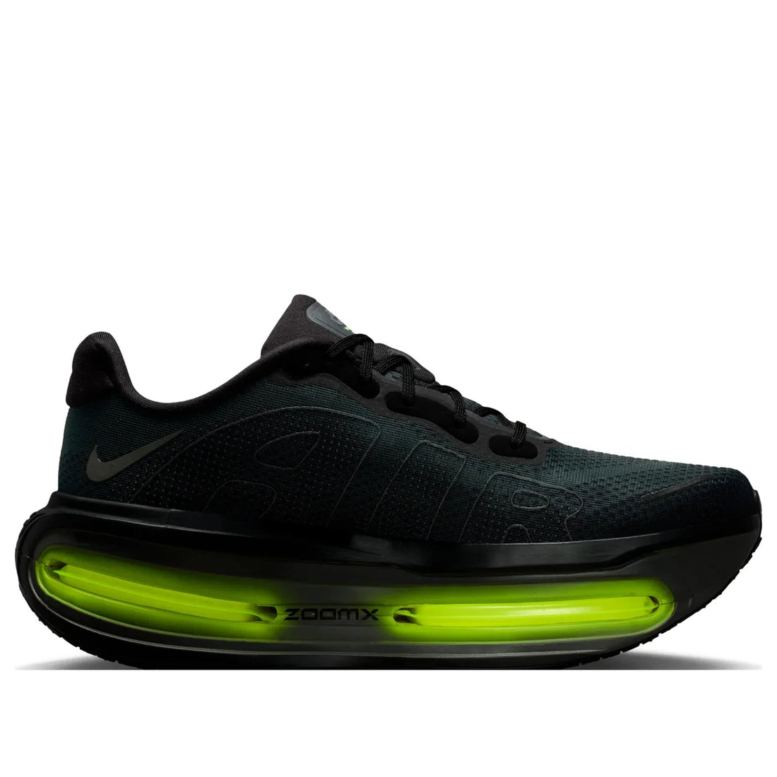Black running shoe with green air sole on a white background