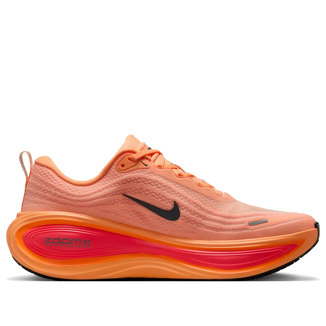 Orange running shoe with black swoosh logo on a white background