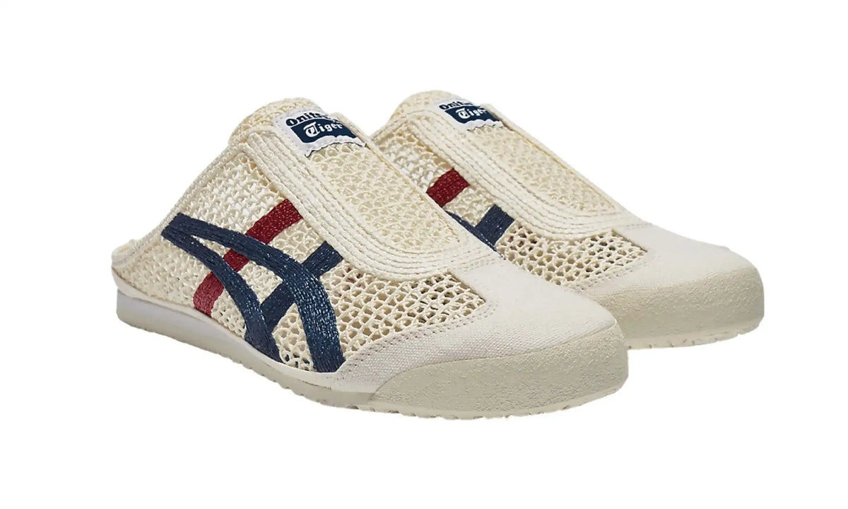 Onitsuka Tiger MEXICO 66 SABOT Cream/Mako Blue mule with cream mesh, blue stripes and red accents – product view 3