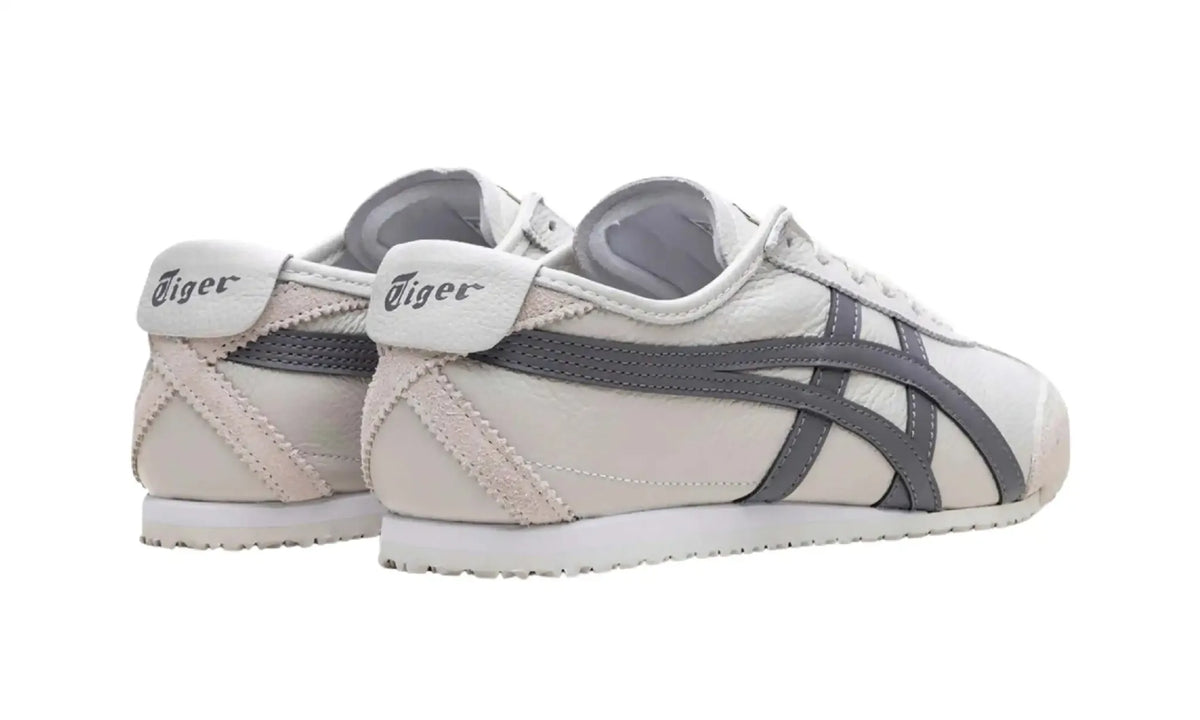 Onitsuka Tiger Mexico 66 Grey White unisex sneakers, rear angled view showing heel panels and Tiger branding