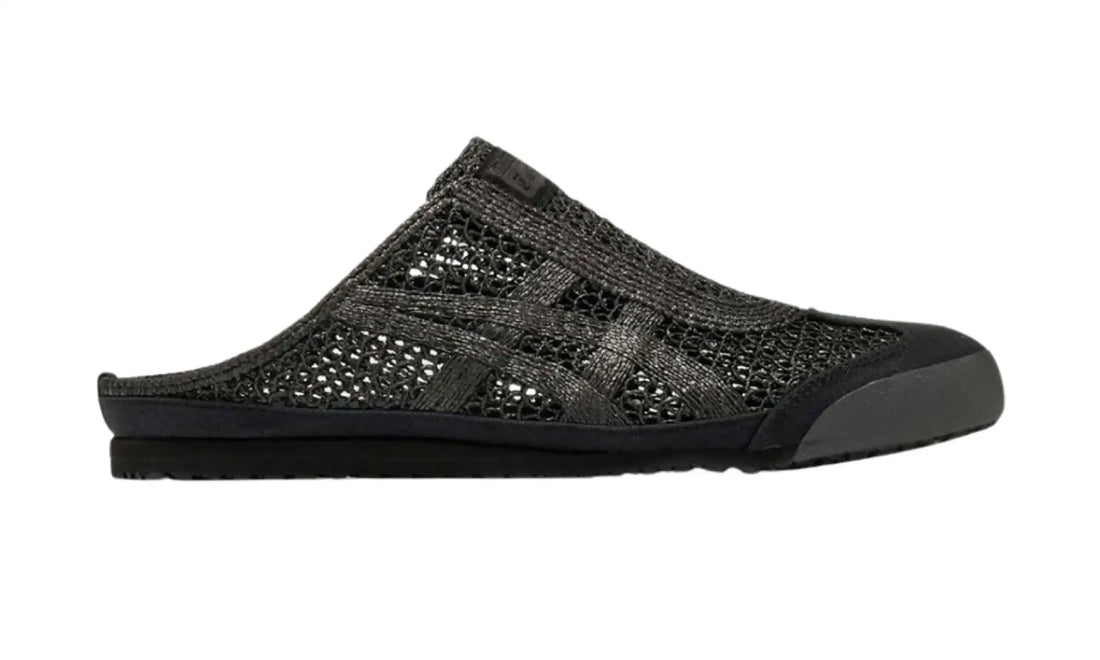 Onitsuka Tiger Mexico 66 Sabot black unisex mule, side view showing the open-weave upper and tonal side stripes