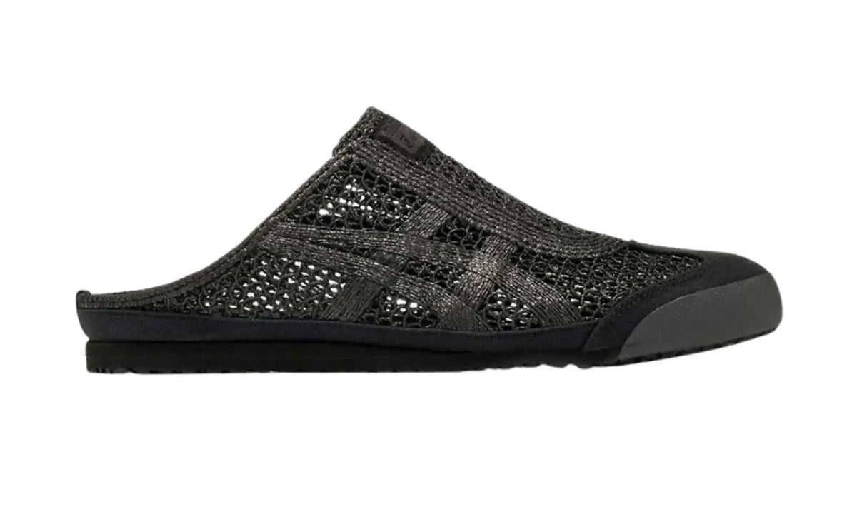 Onitsuka Tiger Mexico 66 Sabot black unisex mule, side view showing the open-weave upper and tonal side stripes