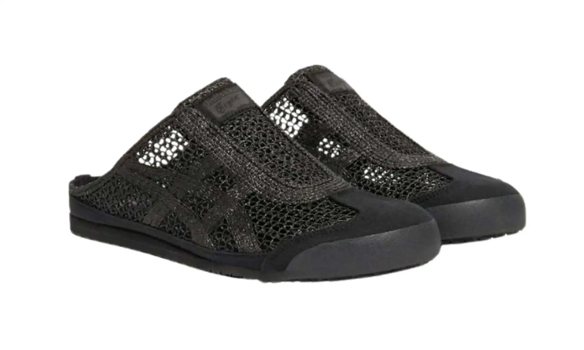Pair of Onitsuka Tiger Mexico 66 Sabot unisex mules in black with open-weave uppers, tonal side stripes, closed toes and open heels