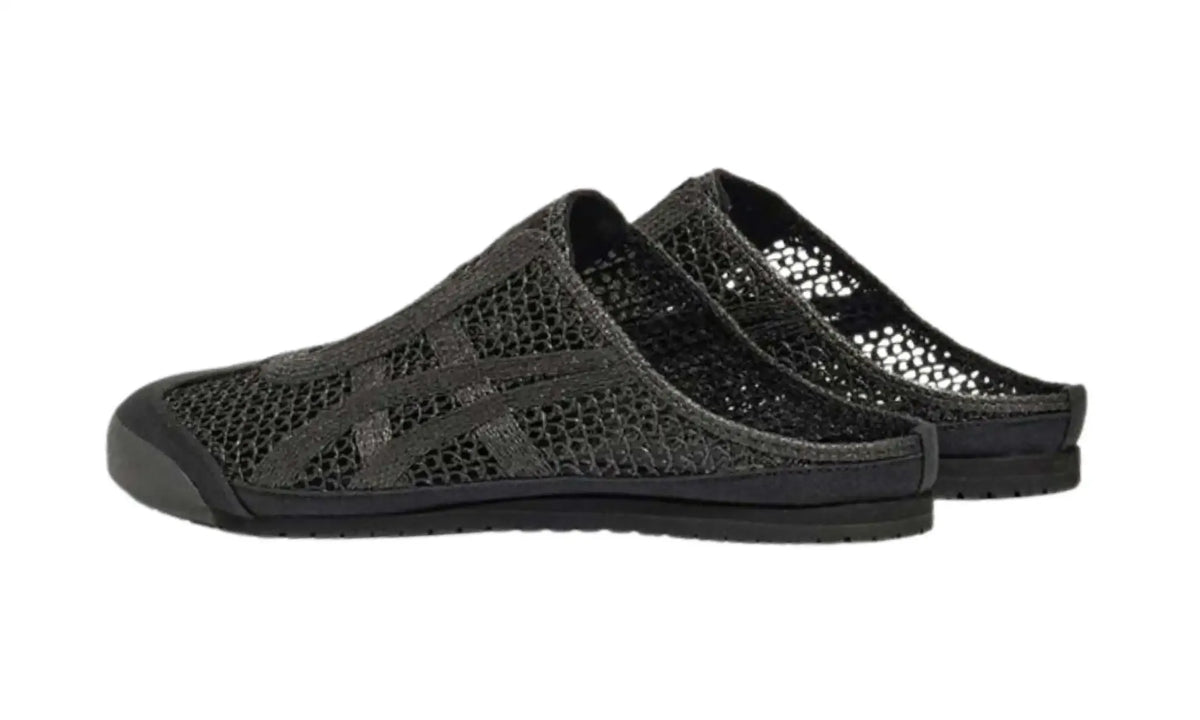Pair of Onitsuka Tiger Mexico 66 Sabot Black unisex mules, rear angled view showing open heels