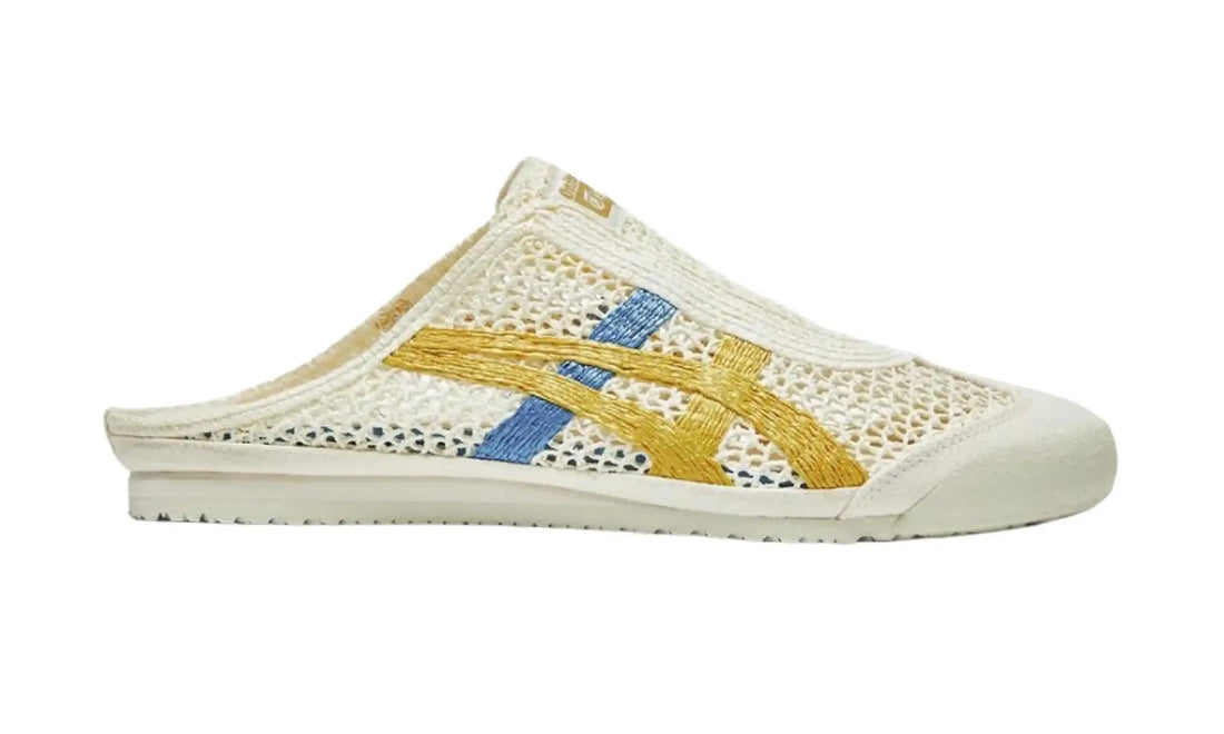 Onitsuka Tiger Mexico 66 Sabot Cream Mustard unisex mule, side view showing cream open-weave texture and mustard yellow and blue stripes