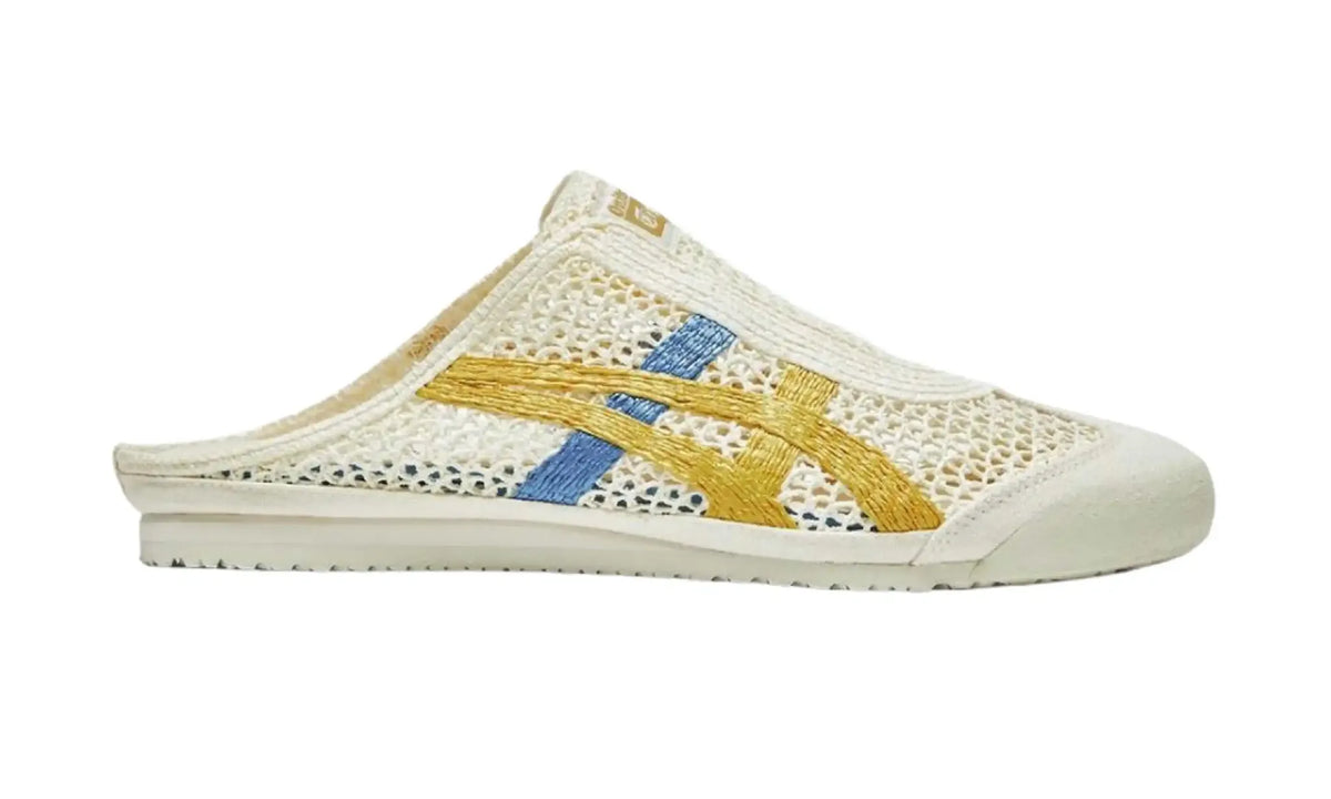Onitsuka Tiger Mexico 66 Sabot Cream Mustard unisex mule, side view showing cream open-weave texture and mustard yellow and blue stripes
