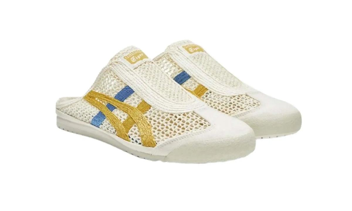 Pair of Onitsuka Tiger Mexico 66 Sabot unisex mules with cream open-weave uppers, mustard yellow and blue stripes, closed toes and open heels