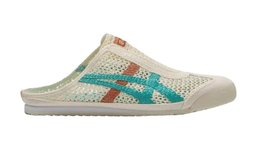 Onitsuka Tiger Mexico 66 Sabot Cream Sea Glass unisex mule, side view showing cream open-weave texture, turquoise-green stripes and orange accents