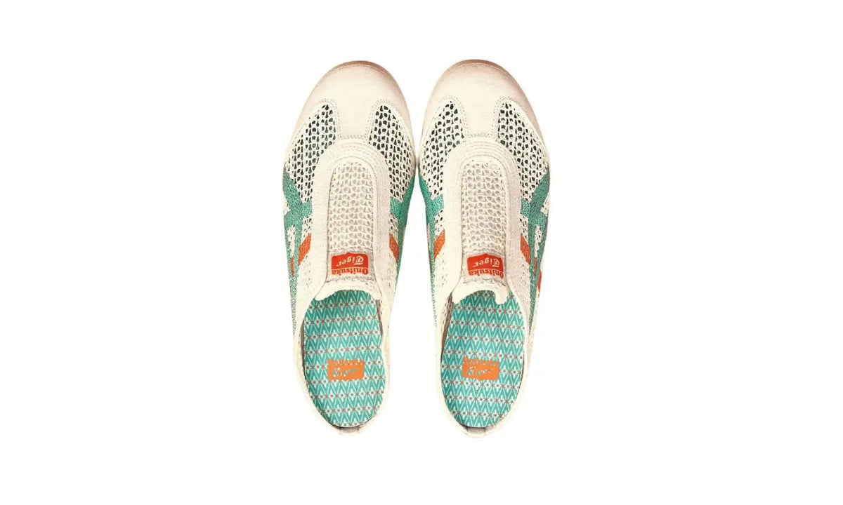 Pair of Onitsuka Tiger Mexico 66 Sabot Cream Sea Glass unisex mules, top view showing open heels and patterned footbeds