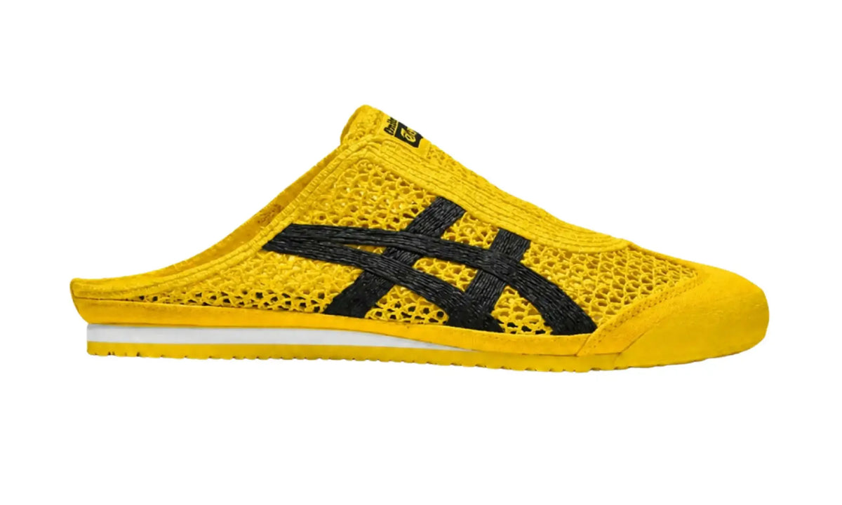 Onitsuka Tiger Mexico 66 Sabot unisex mule with a yellow open-weave upper, black side stripes, open heel and white midsole strip