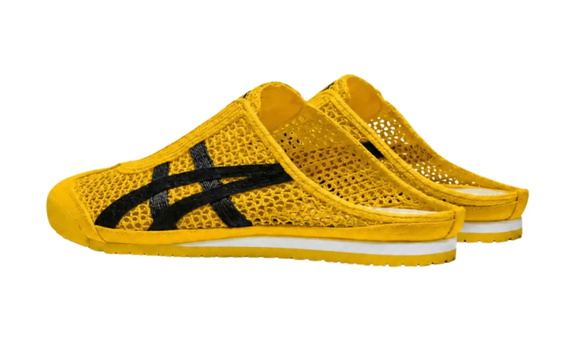 Pair of Onitsuka Tiger Mexico 66 Sabot Yellow Black unisex mules, rear side view showing open heels